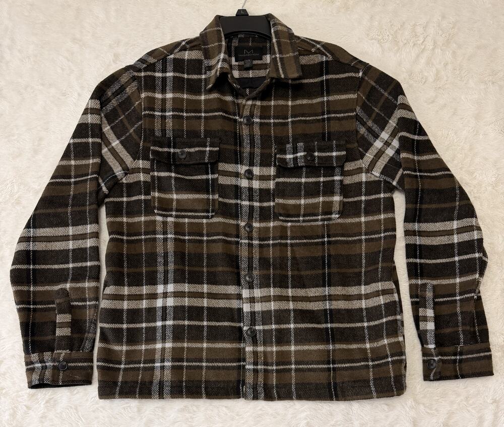 Magaschoni Fleece Shacket Mens Large Olive Green White Plaid Shirt Jacket Button